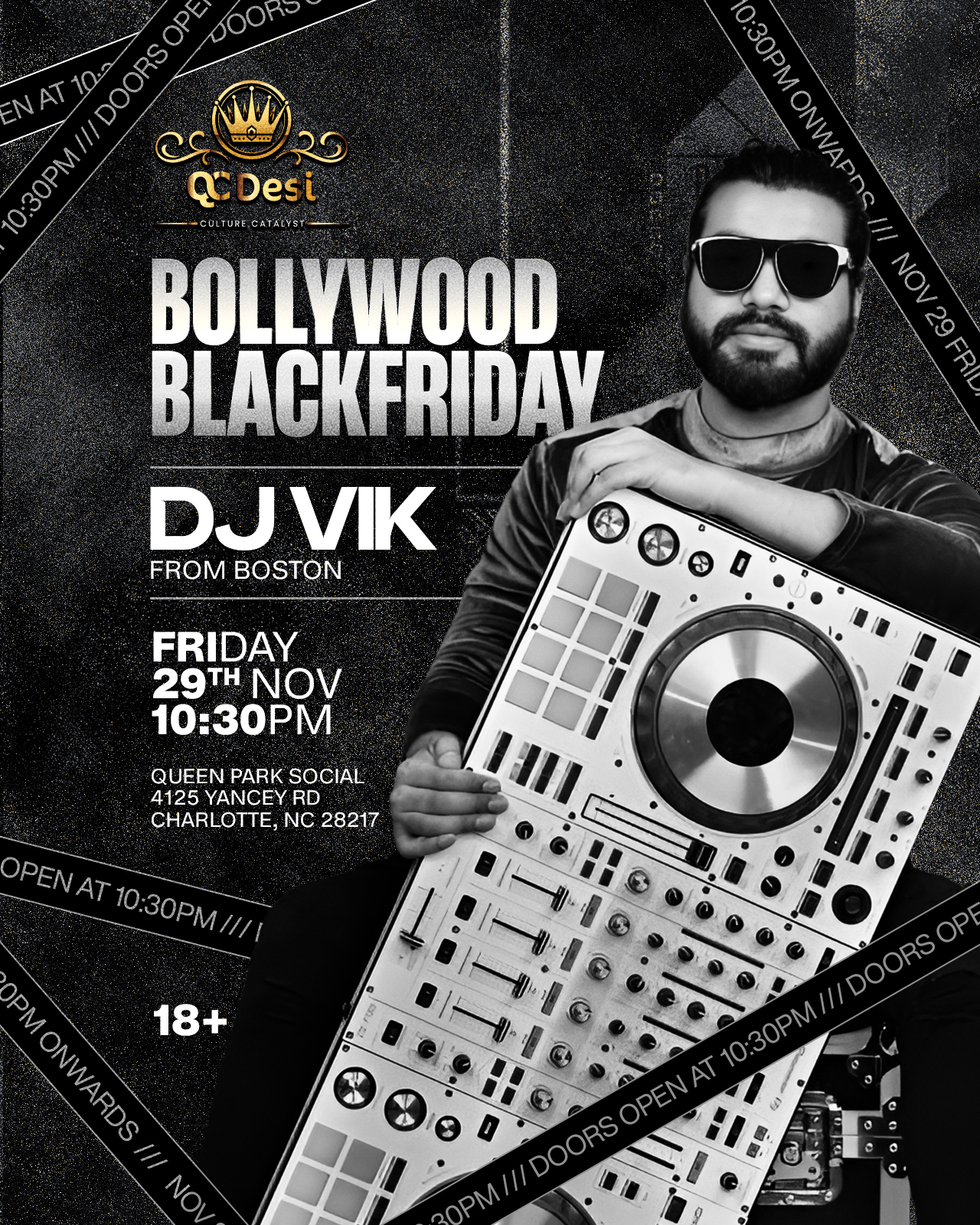 Bollywood Black Friday poster featuring DJ Vik from Boston at Queen Park Social, Charlotte, 18 and over, November 29, 2024
