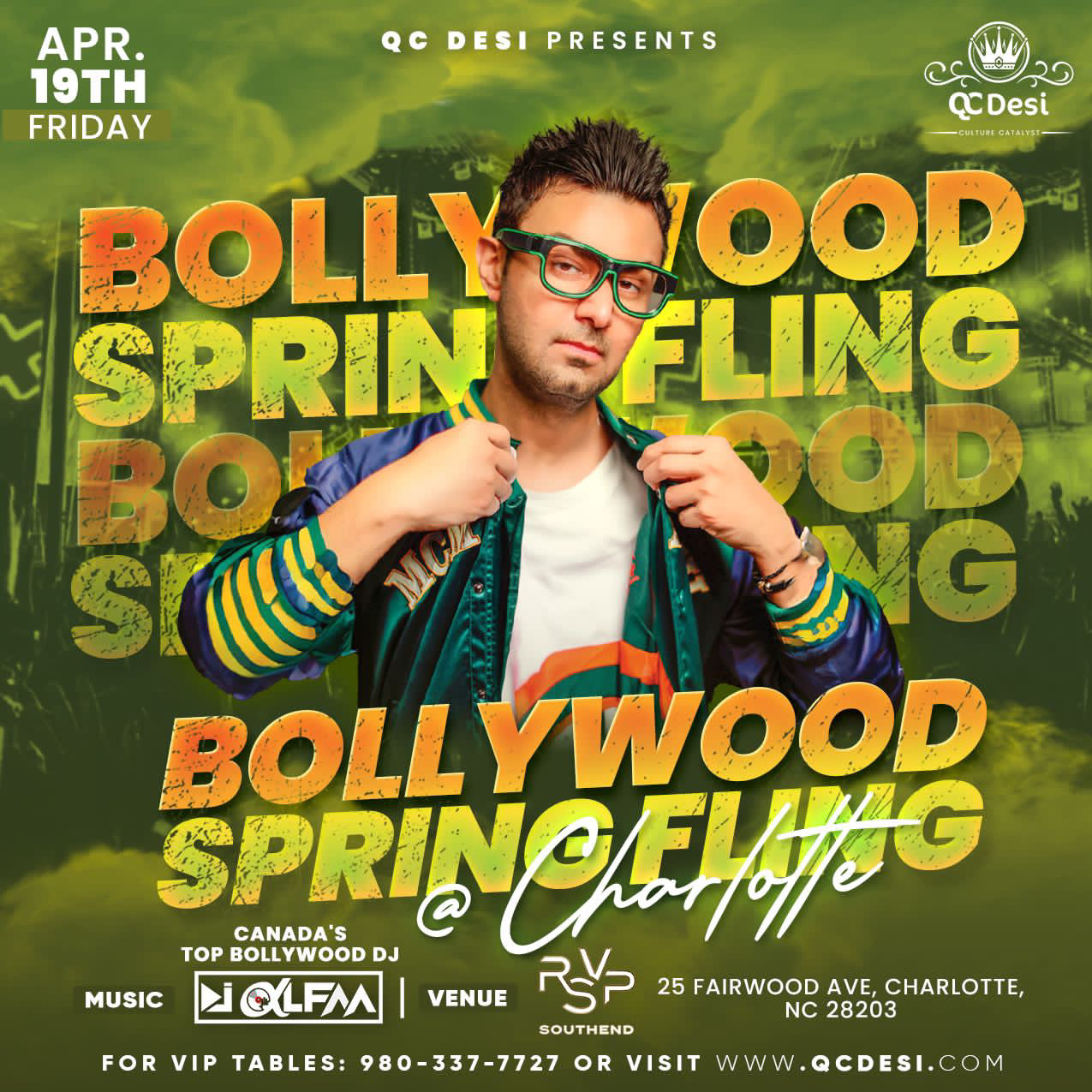 Bollywood Spring Fling poster featuring DJ Alfaa at RSVP Southend, Charlotte, April 19, 2024