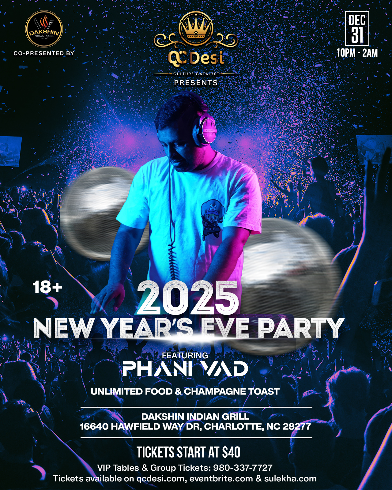 2025 New Year's Eve Party poster featuring Phani Vad at Dakshin Indian Grill, Charlotte, December 31, 2024