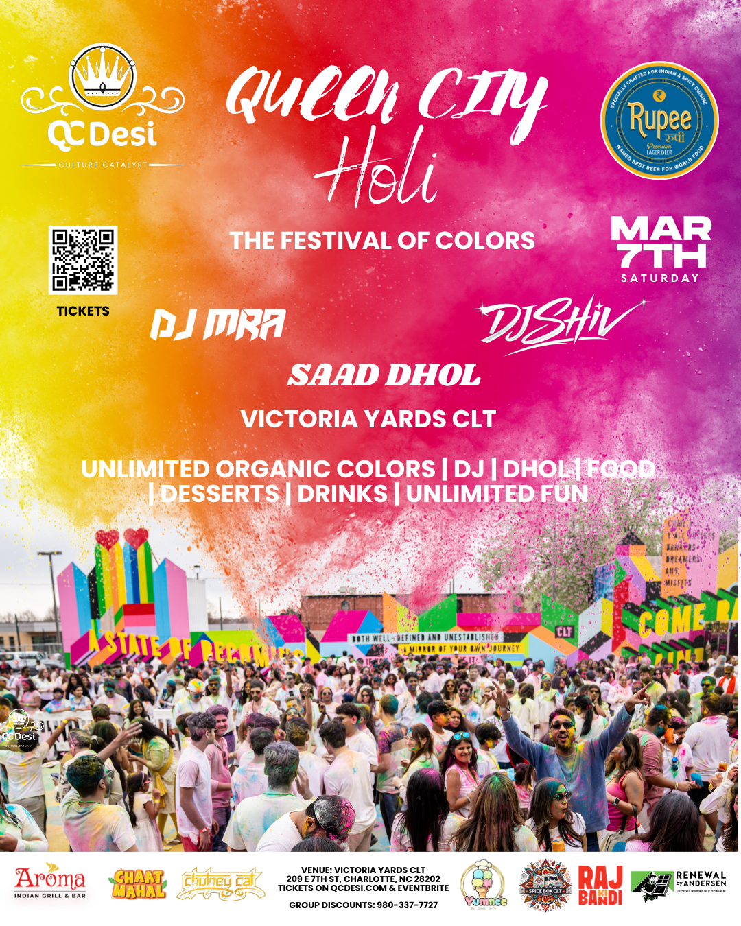 Queen City Holi 2026 Festival of Colors poster with DJ MRA, DJ Shiv and Saad Dhol at Victoria Yards, Charlotte, March 7, 2026