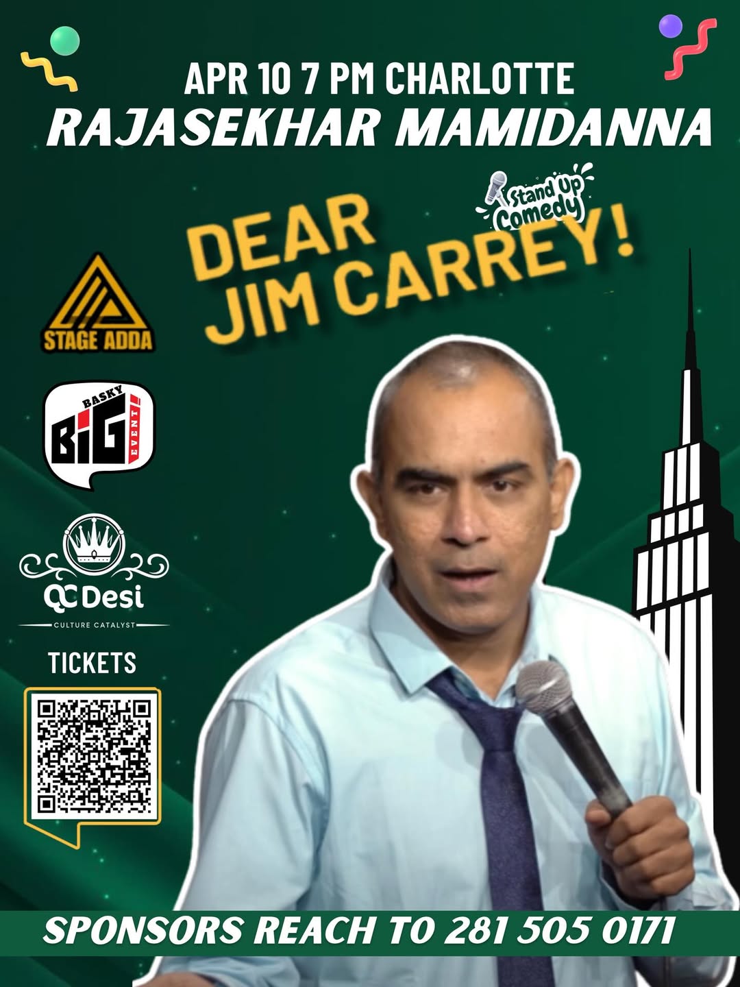 Dear Jim Carrey stand-up comedy poster featuring Rajasekhar Mamidanna, Charlotte, 7 PM, April 10, 2026