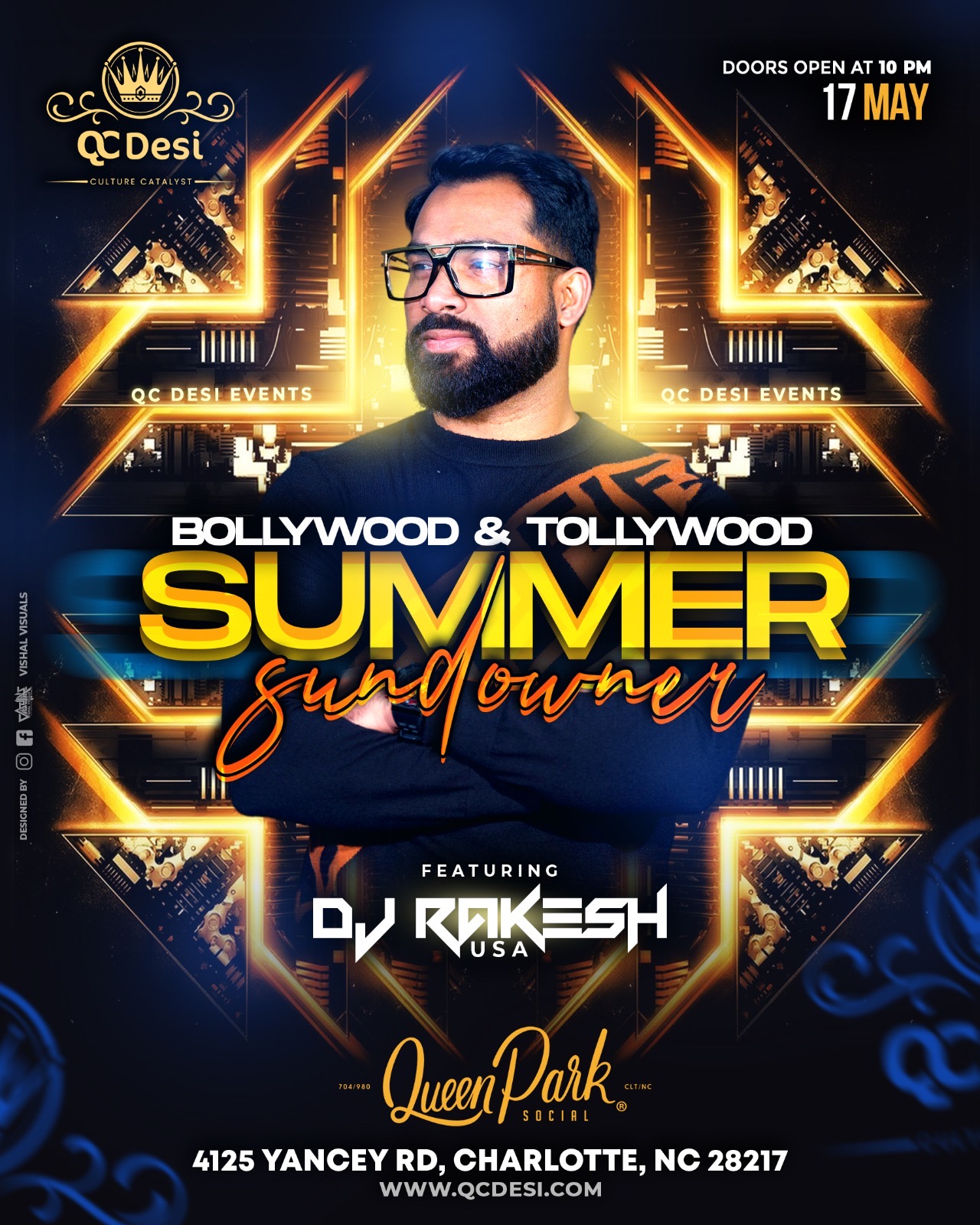 Bollywood and Tollywood Summer Sundowner poster featuring DJ Rakesh at Queen Park Social, Charlotte, May 17, 2024
