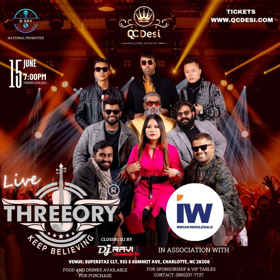 Threeory live band concert poster with the band members, closing DJ Ravi, at Superstaz CLT, Charlotte, June 15, 2024